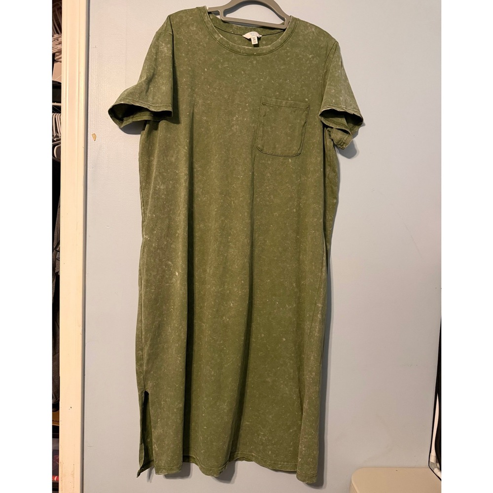 Time and Tru XXL Olive Green Acid Wash T-Shirt Dress Short Sleeve Cotton 2133